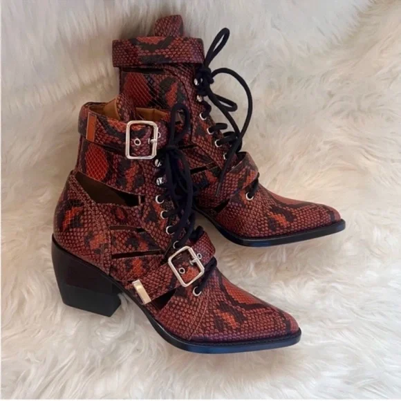 New! CHLOE Rylee Snake-Effect Leather Ankle Boots | Lace-Up Cutout Block Heel - Picture 10 of 16